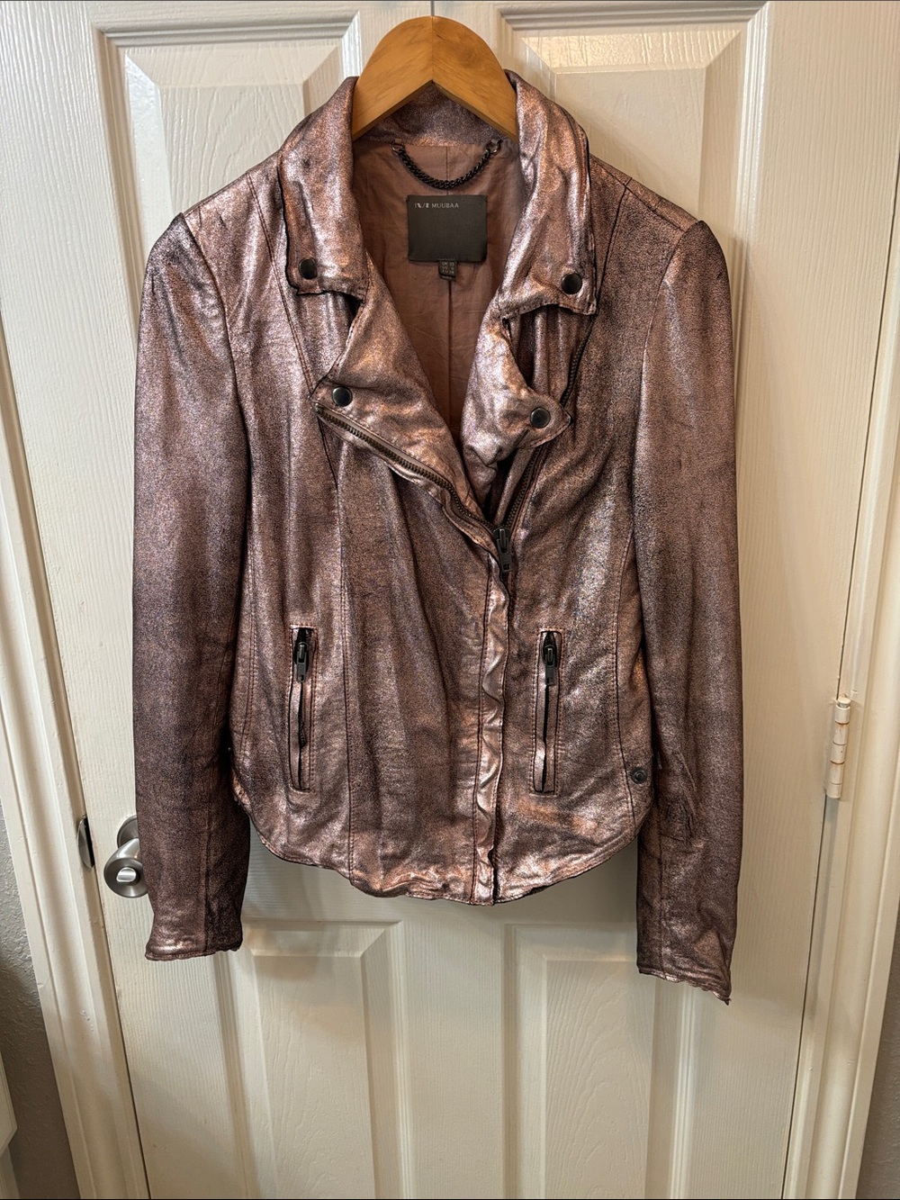 Muubaa Metallic Goat Leather Biker Jacket - Rose Gold size 6